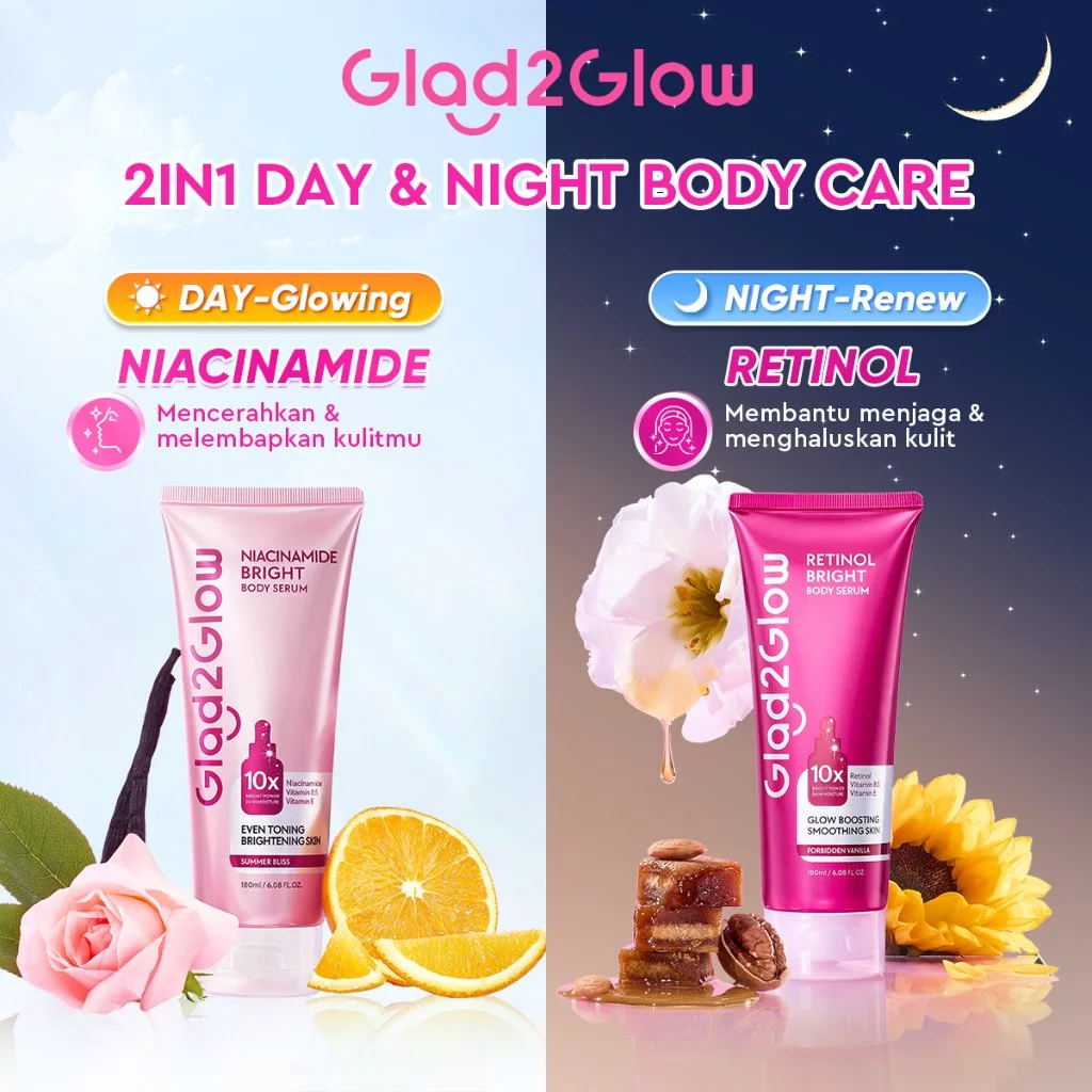 [Day&Night 2in1] Glad2Glow Retinol/Niacinamide Bright Body Serum Body Lotion 10X Cerah Instant Absorb Whiten Tone Up All Day Bright Glow
