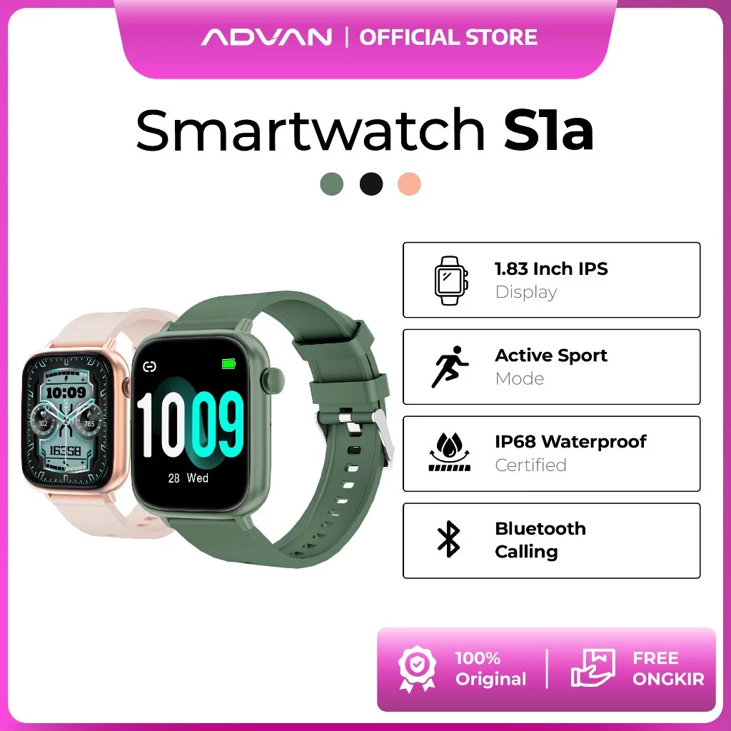 ADVAN Smartwatch S1a | 1.83 Inch | Bluetooth Call | 20 Hari Standby | IP68 Waterproof
