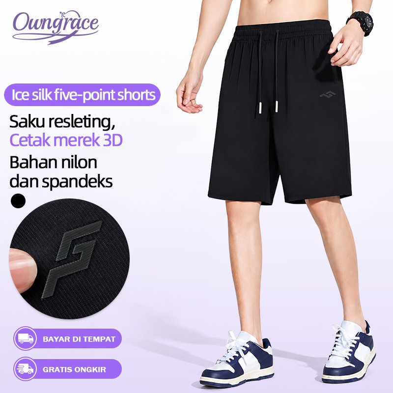 Owngrace Celana Pendek Pria Sport Olahraga Ice Silk Pola Kotak-kotak Saku Ritsleting