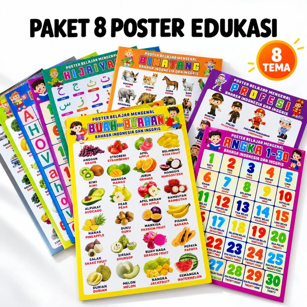 Paket 6 Poster Dinding Edukasi Anak Belajar Gambar Buah Sayur Alphabet Angka Hewan