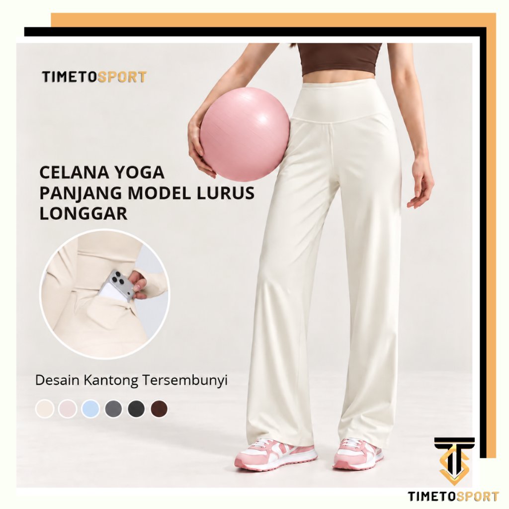 TIMETOSPORT Celana Kulot Wanita Highwaist Yoga Lebar Longgar Olahraga Santai Kantor Bahan