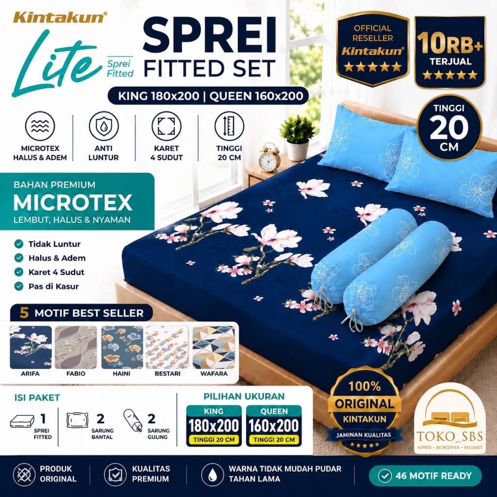 Sprei Kintakun Lite King 180x200 Queen 160x200 Tinggi 20 cm Fitted Set Karet Sudut