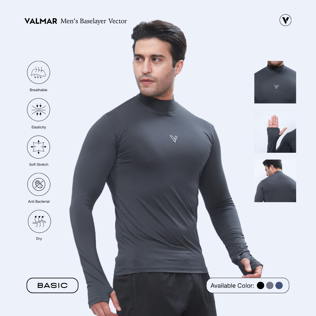 VALMAR SPORTWEAR Vector Manset Olahraga Pria Lubang jari Baselayer Thumbhole Turtleneck