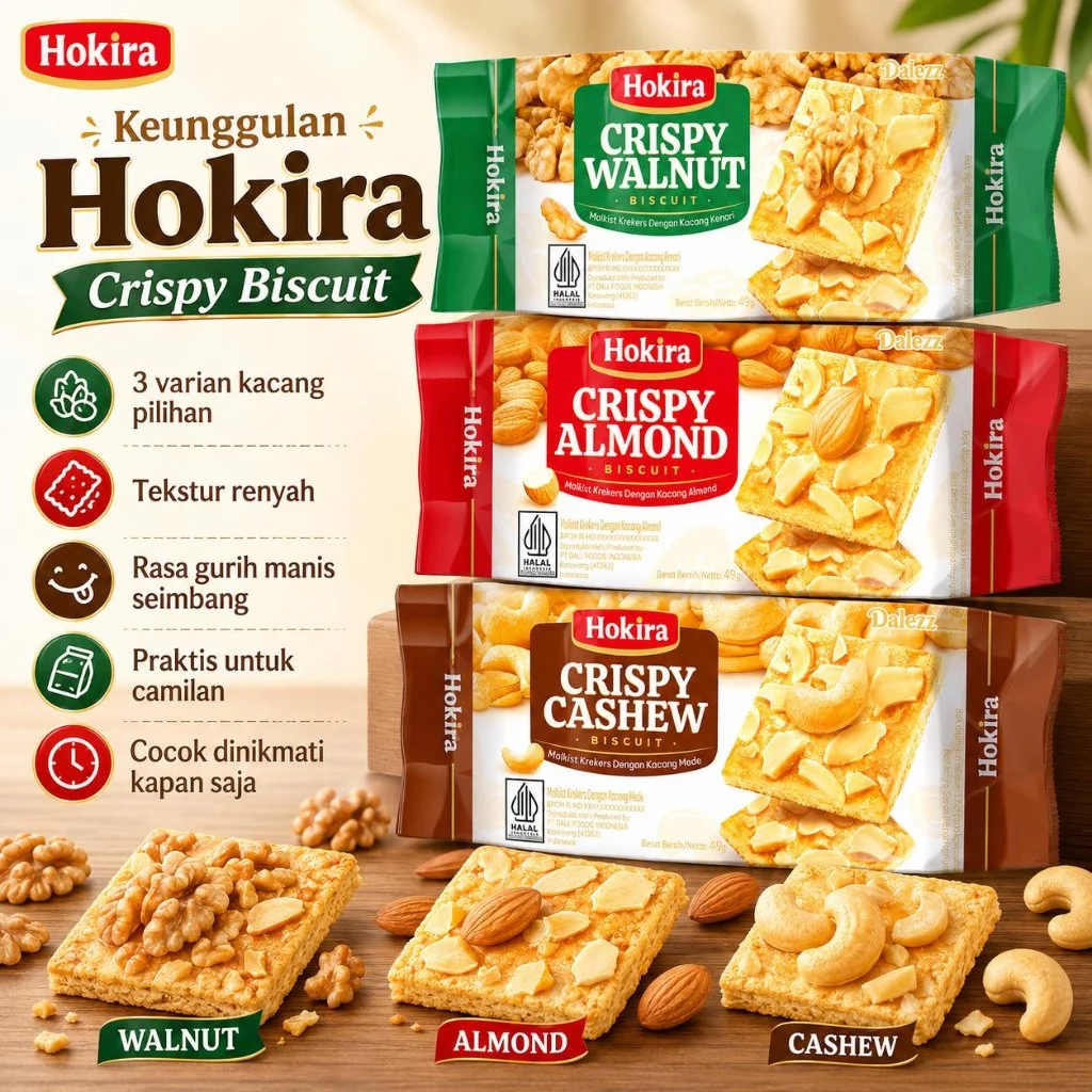 Hokira Malkist Krekers Dengan Kacang Almond Kenari & Mede Camilan Renyah Gurih Praktis