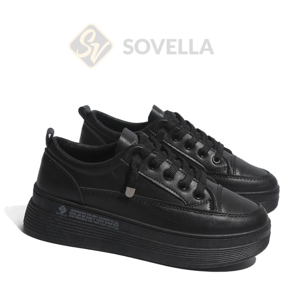 SOVELLA Alexa Sepatu Sekolah Hitam Wanita Kulit Mesh Sneaker Polos