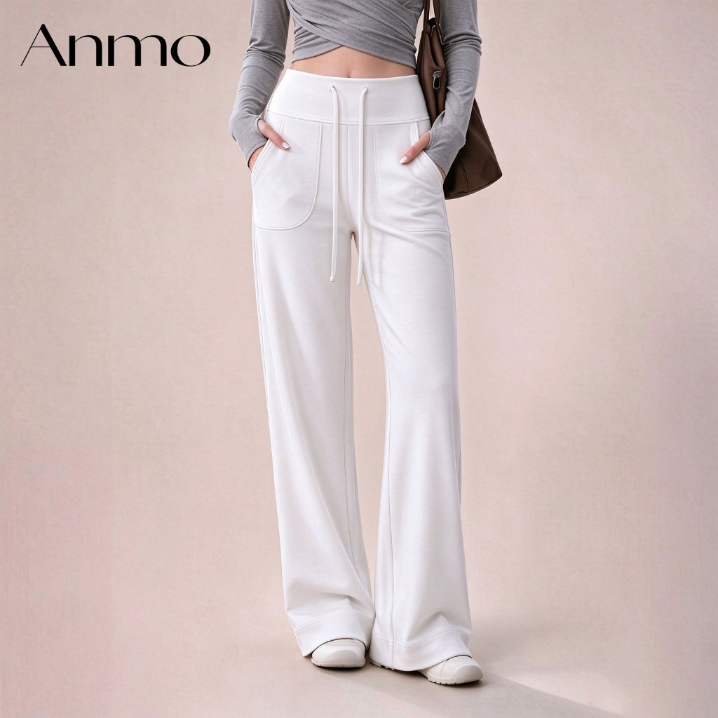 Anmo-Celana olahraga wanita model lurus, celana yoga pinggang tinggi, desain pinggang