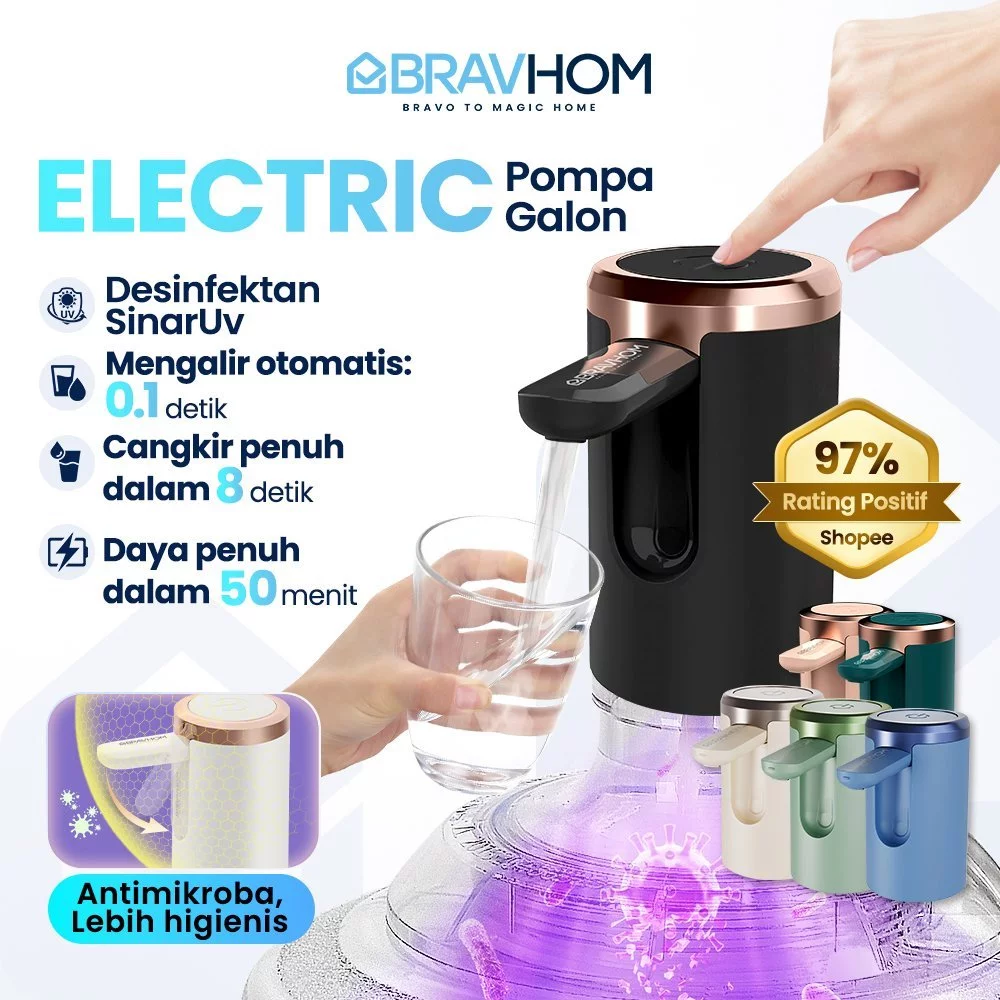 BRAVHOM Pompa Air Galon Dispenser Air Lipat Desinfektan SinarUv 50 Menit Pengisian Cepat