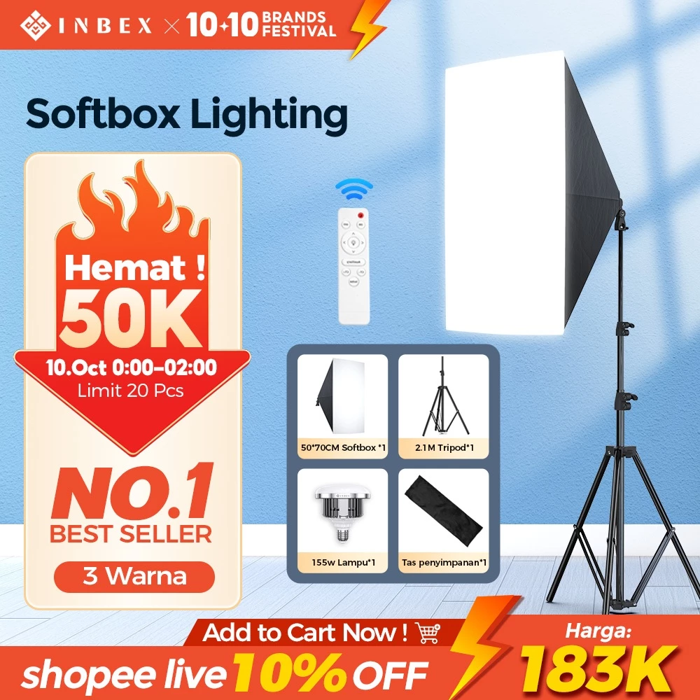INBEX Softbox Kit Konten Kreator Lighting 3 Warna 3000K 6000k 50x70cm