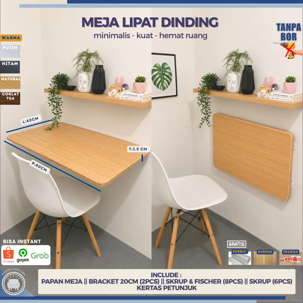 MEJA LIPAT DINDING (MEJA+BRACKET 25/20CM) PALING MURAH MINIMALIS 1 SET TANPA BOR KUAT