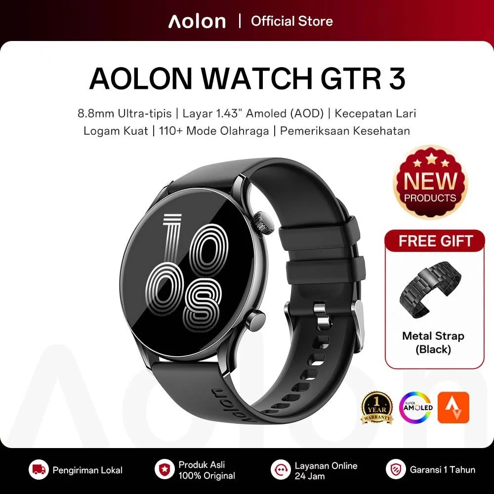 [Garansi 1 Tahun] Aolon GTR 3 Jam Tangan Smartwatch Tipis Original 46mm Amoled AOD
