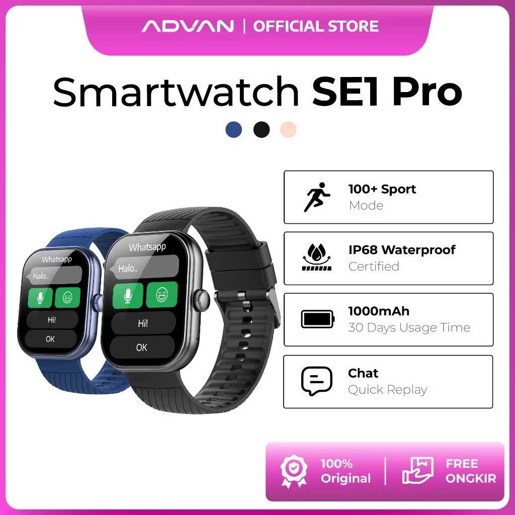 ADVAN Smartwatch SE1 Pro | Baterai 1000mAh Tahan 30 Hari | Bluetooth Call | AI Watch Face