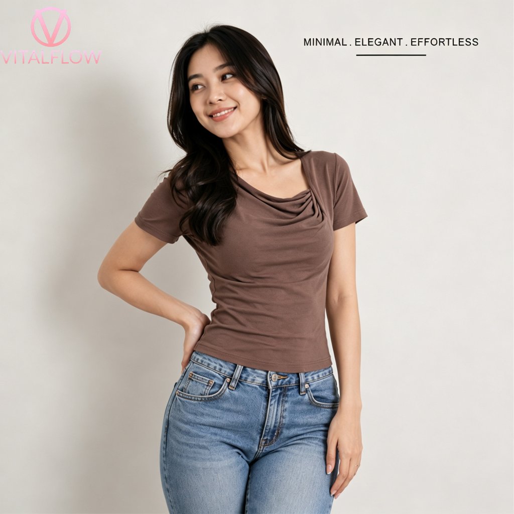 [Vitaflow] Atasan Wanita Cowl Neck Premium Kaos Lengan Pendek Blouse Casual Elegan Modern