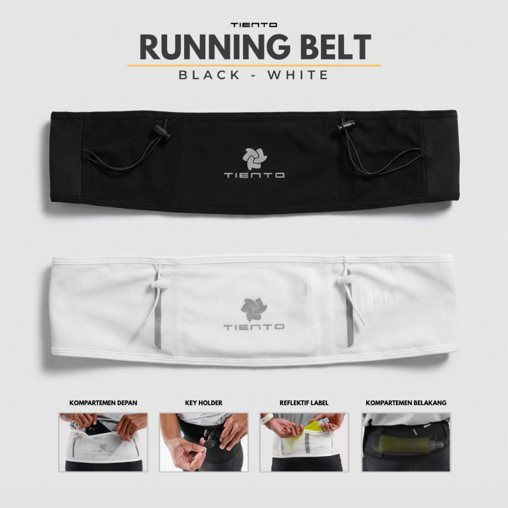 Tiento Running Belt Tas Pinggang Olahraga Lari Waist Bag Sport Elastis Black White