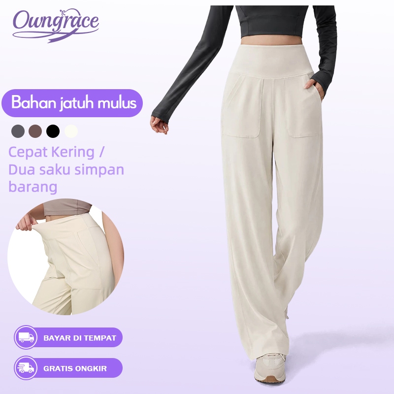 Owngrace Celana Olahraga Wanita High Waist Longgar Model Lurus Cutbray