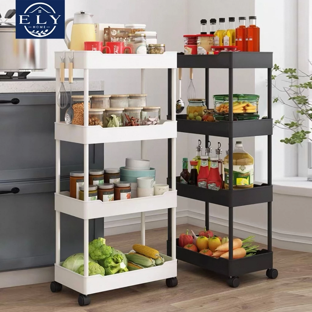 Square rak susun serbaguna rak dapur portable rak troli plastik organizer sayur dengan 4