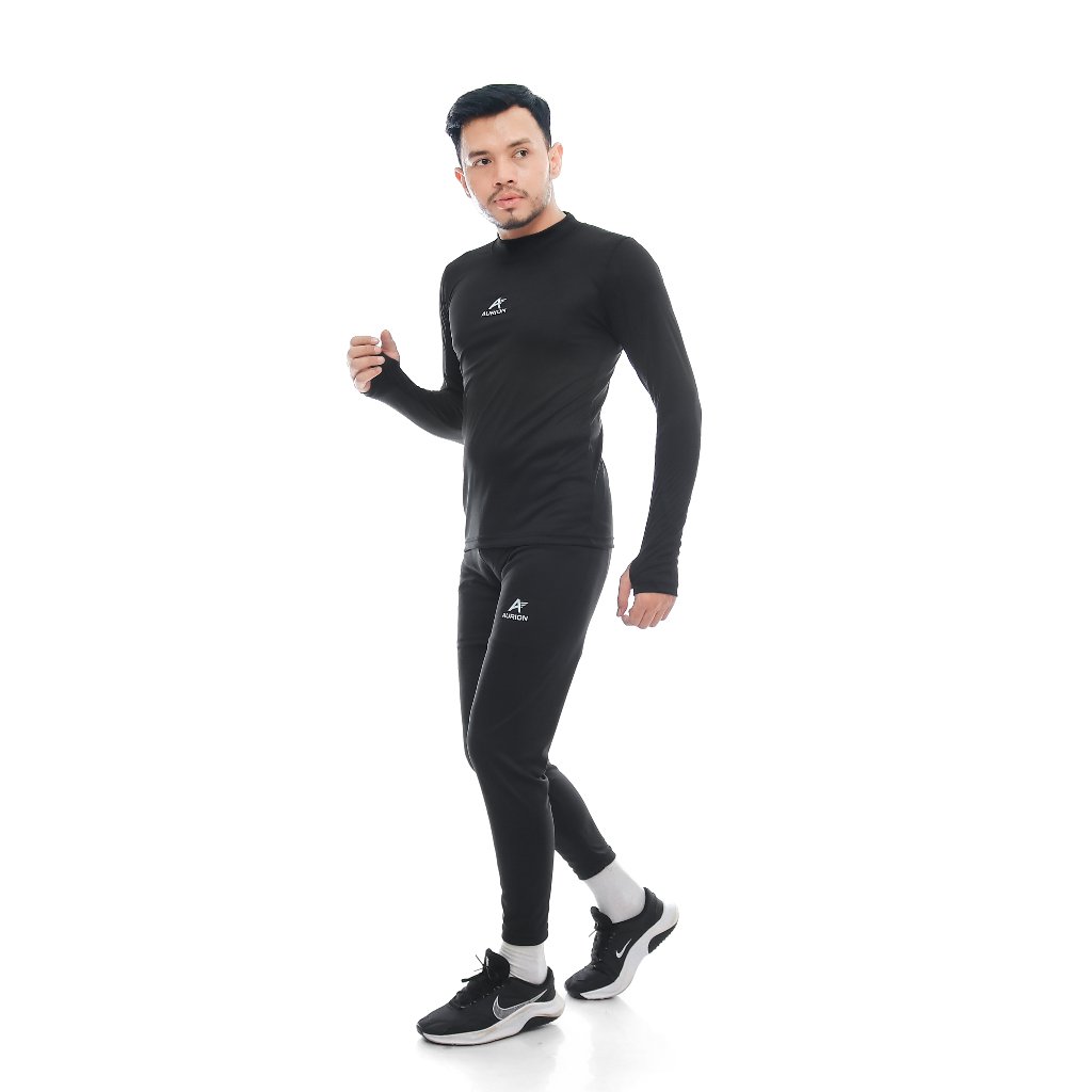 AURION Setelan Baselayer Manset Lengan Panjang dan Legging Olahraga Sepakbola Futsal Lari