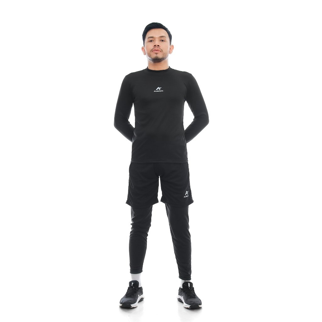 AURION Setelan Baselayer Lengan Panjang Celana Pendek Olahraga dan Manset Legging Pria