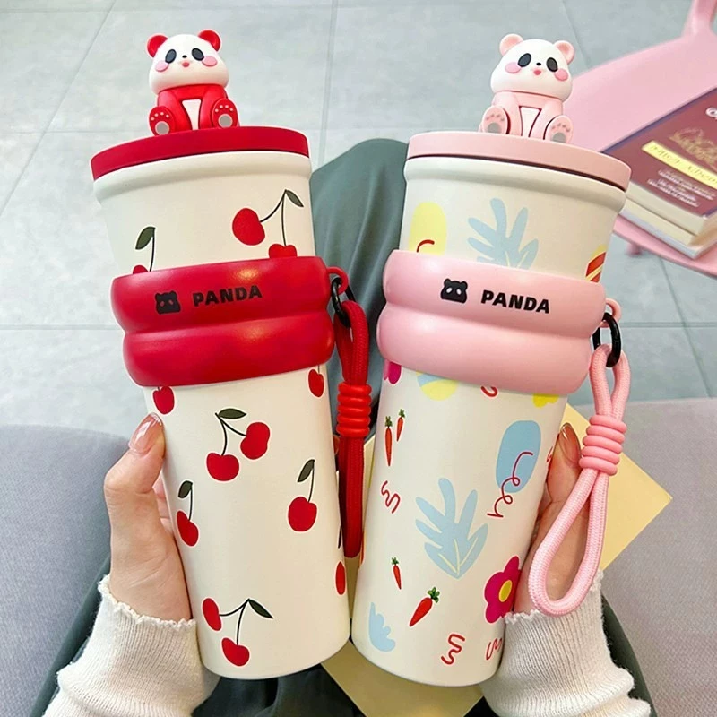 Mug Tumbler Stainless Steel SUS 304 Motif Panda Lucu 700ml Free Gantungan + Boneka Panda M 2113