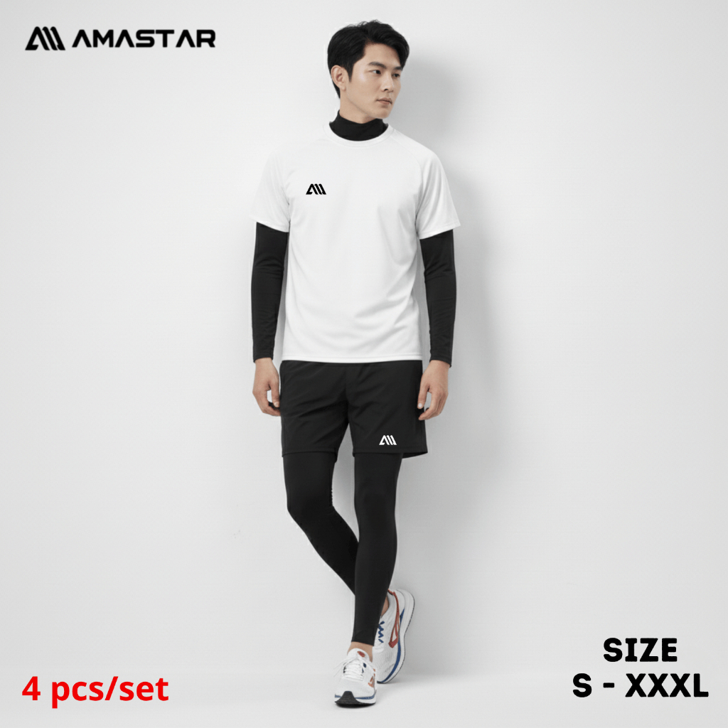 AMASTAR Setelan Olahraga 4 Pcs Jersey Baselayer Celana Pendek Dan Legging