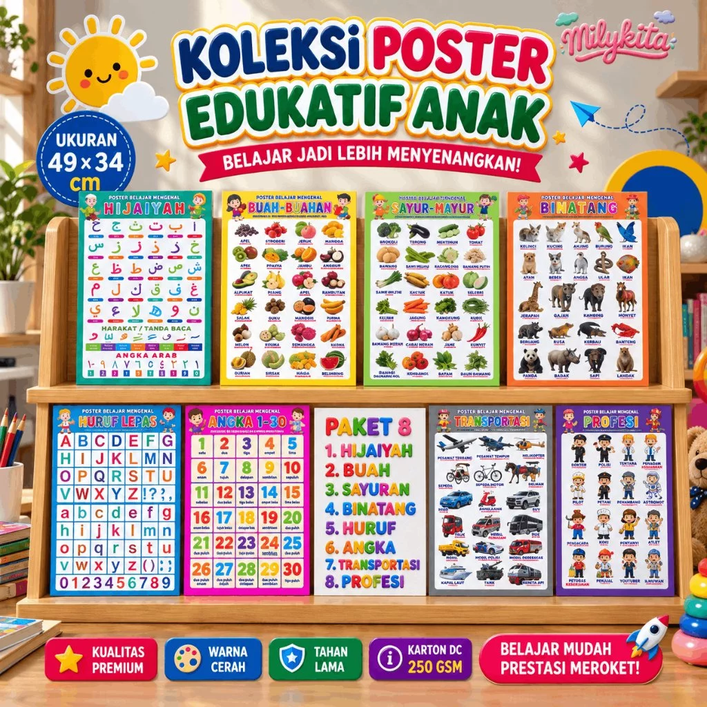 Paket Poster Edukasi Anak Lengkap Belajar Gambar Dinding Estetik Buah Sayur Angka Bintang