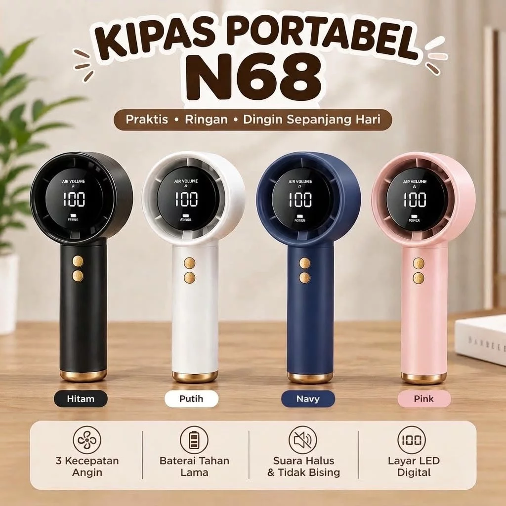 Kipas Angin Mini Portable N68 Genggam Layar LED Angin Kencang 100 High Speed Handheld Fan Adjustable Kecepatan Turbo