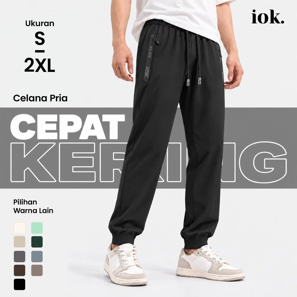 IOK - Celana Jogger Panjang Pria Ice Silk | Training Sport Pants Saku Resleting