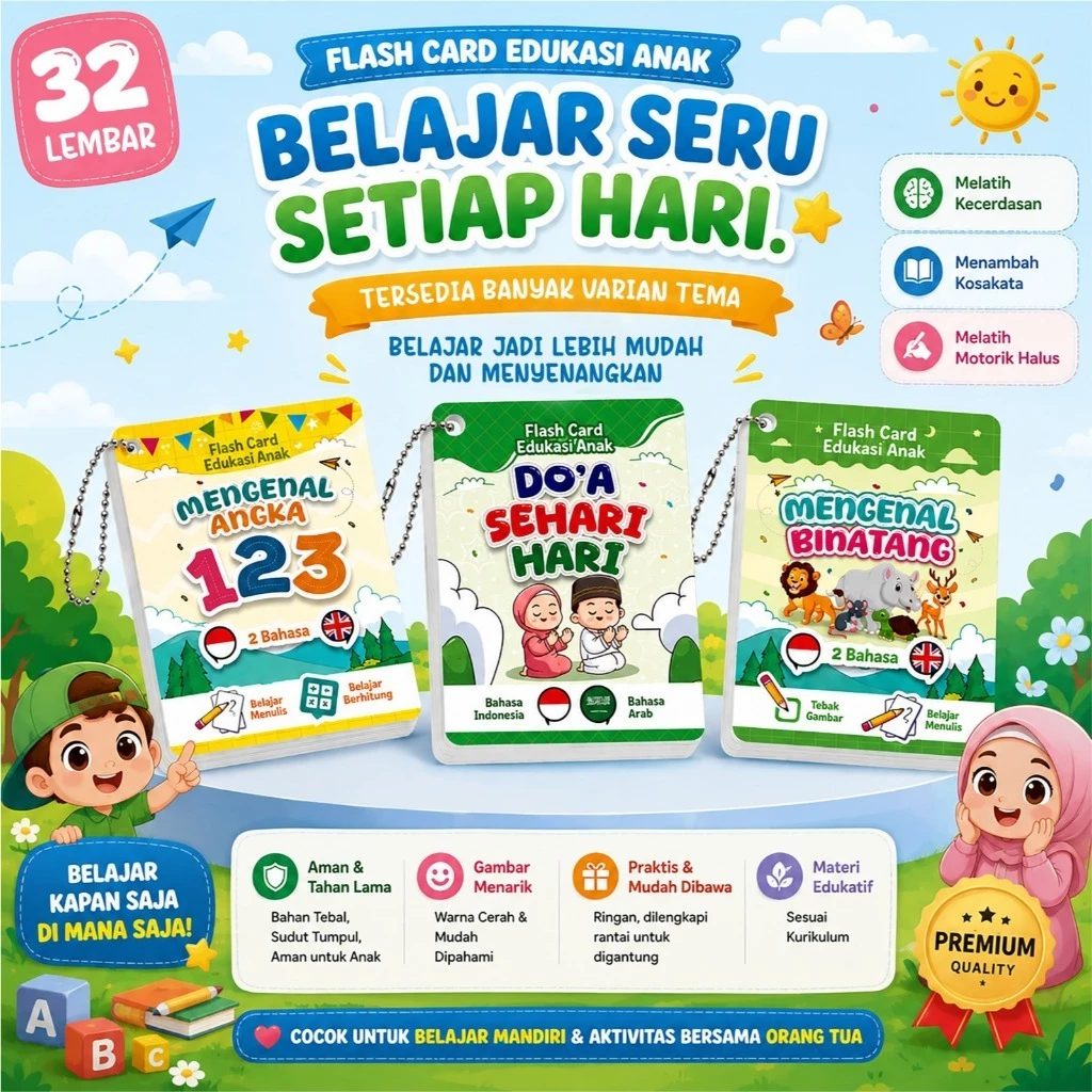 FLASHCARD EDUKASI ANAK | 1 Pack isi 32 Kartu | Ukuran Jumbo 7cm x 10cm | Laminasi GLOSSY