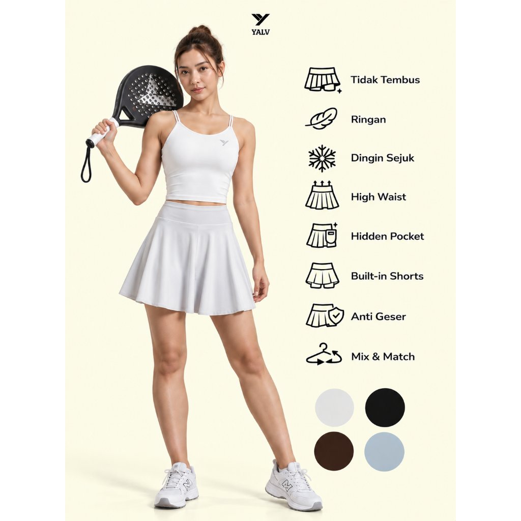 Yalv Nyx Rok Skort Skirt Premium Adem Stylish Premium Tennis Padel Sport Wanita