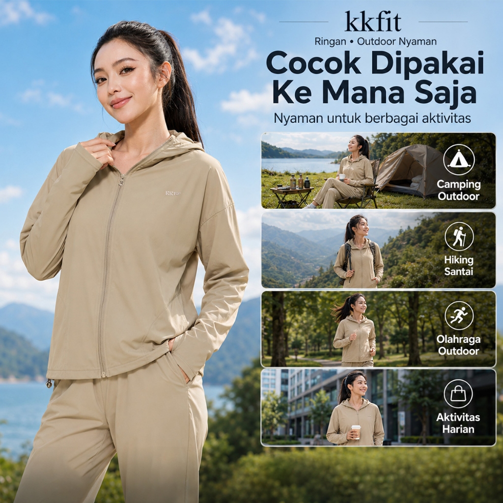 KKFIT ORI 100% Jaket Olahraga Wanita - Nylon Oversized Hoodie Anti UV, UPF100+ Cocok Gym