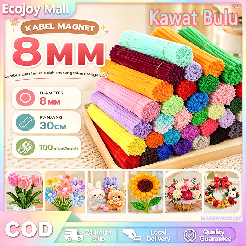 ECOJOY 100 Pcs Kawat Bulu 8/6mm Pipe Cleaner 30cm/ Bahan Kraf DIY Manua/ Anak & Dewasa