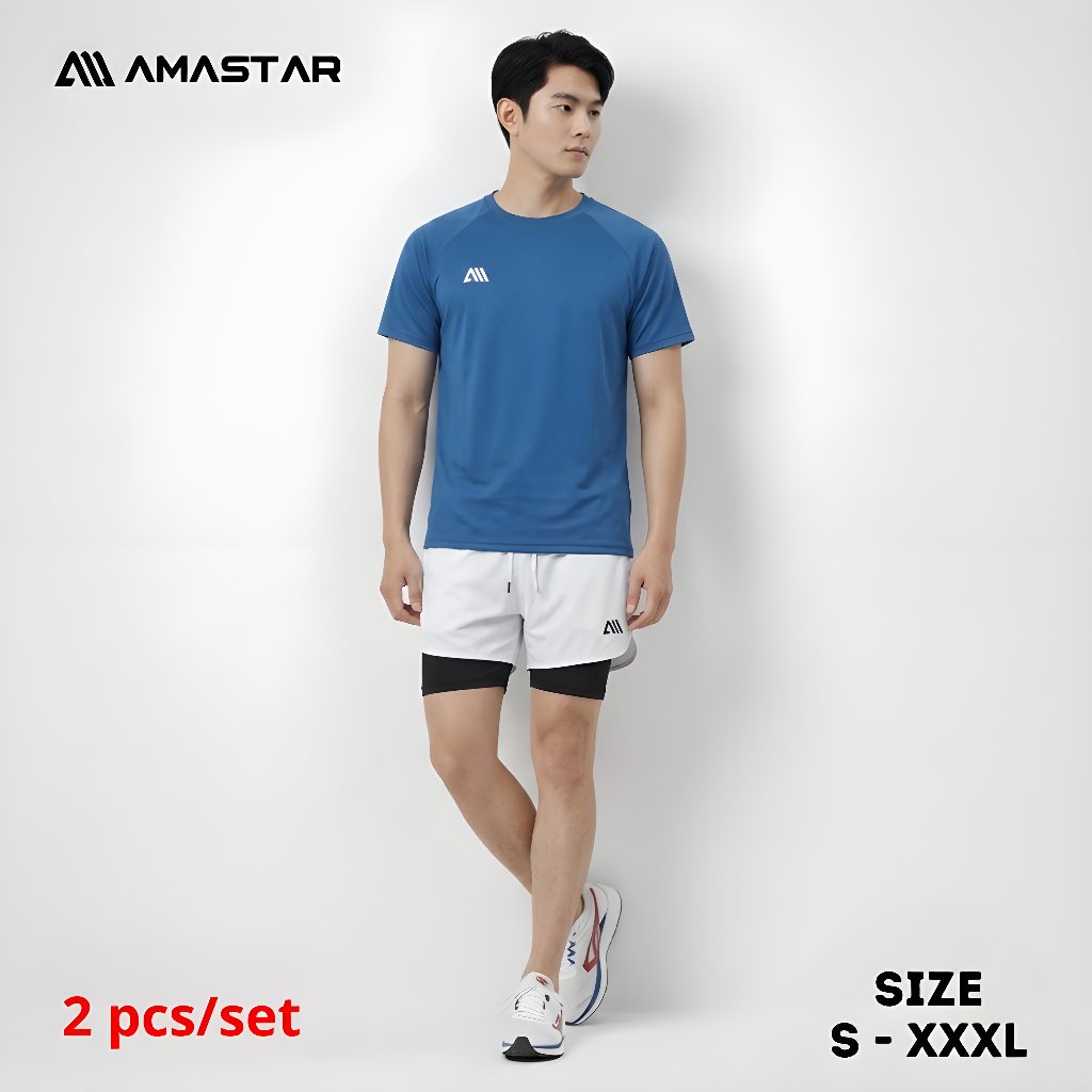AMASTAR Zenith Blue 1set Kaos Olahraga Basic Pria Jersey Dan Celana Double Shorts