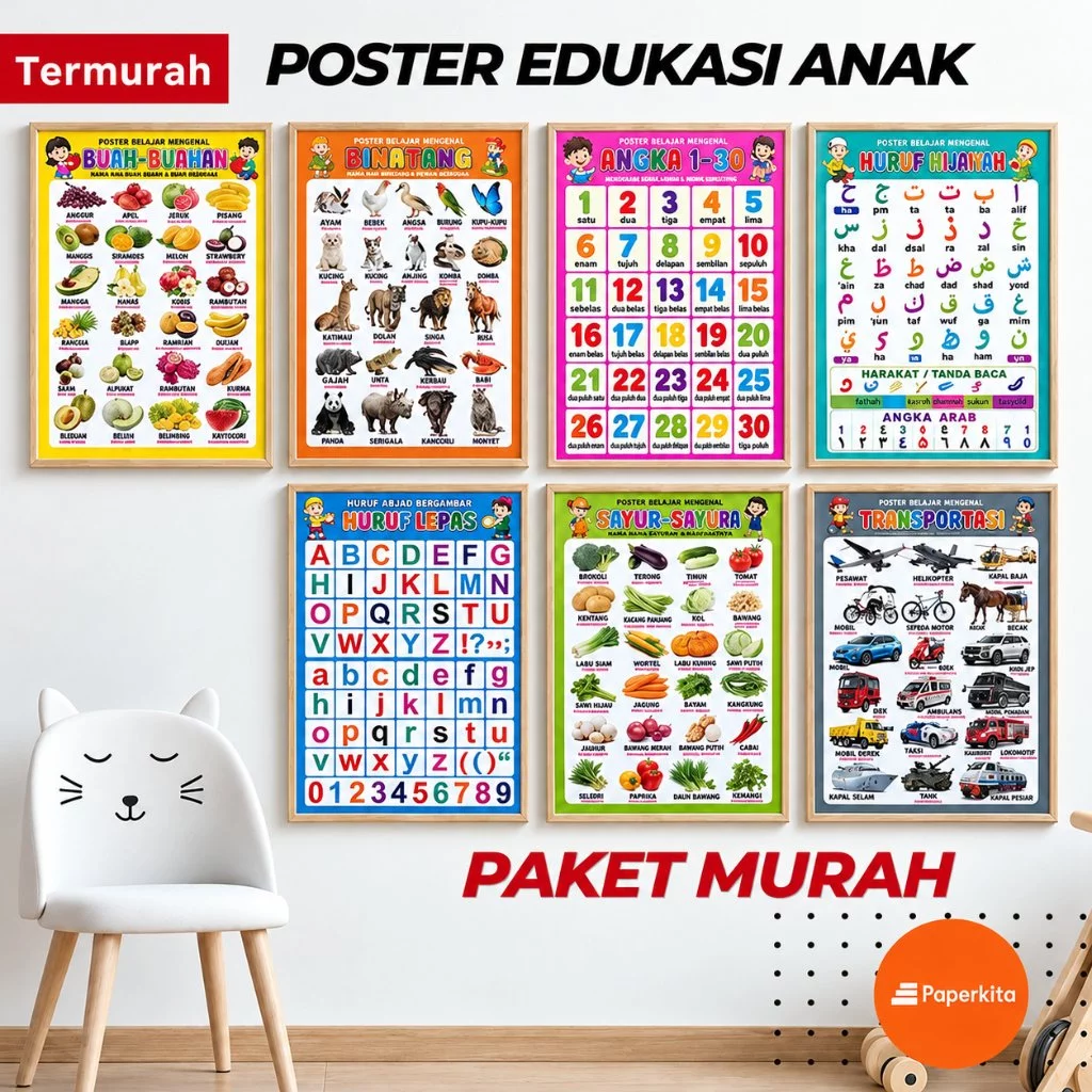 Poster Anak Edukasi Belajar Lengkap 1 Paket isi 5 Pcs Angka Huruf Binatang Hewan Buah