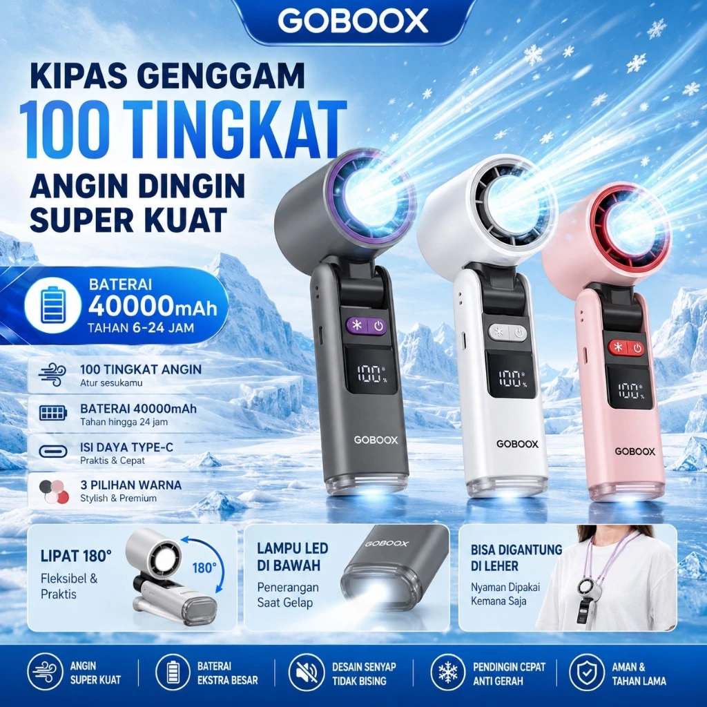 GOBOOX Kipas Angin Genggam Turbo 100 Level 40000mAh Lipat 180° LED Senter Type-C Portable
