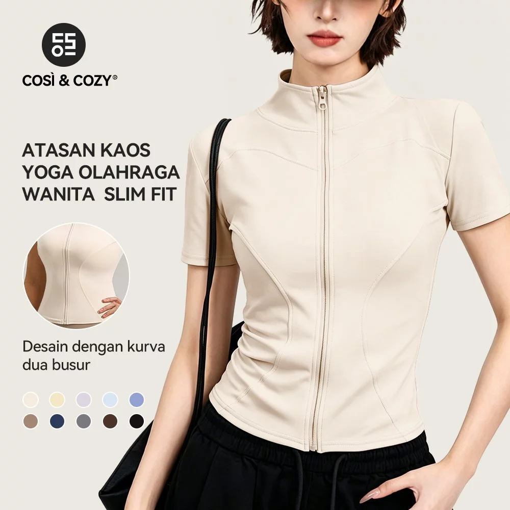 COSI COZY Atasan Kaos Yoga Olahraga Wanita Lengan Pendek Slim Fit Elastis Tinggi - Desain