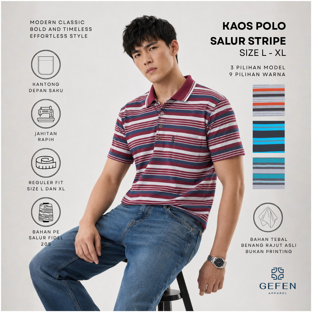 GEFEN - POLO SHIRT SALUR PRIA STRIPE | KAOS POLO PRIA SALUR | KAOS POLO KANTONG SAKU SALUR