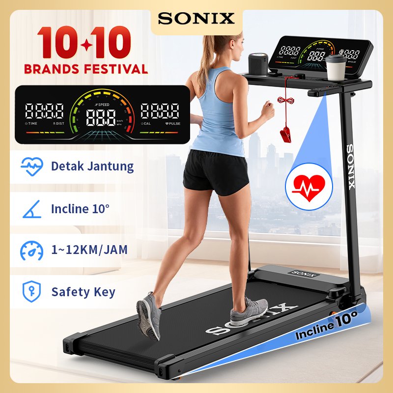 Sonix Incline Listrik Treadmill STR09 Running Mat Lipat Heart Rate Warna LED Layar 12