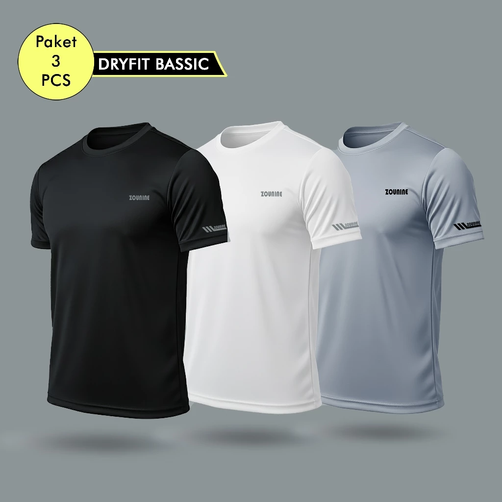 Zou9 - 3 Pcs Kaos Olahraga Pria Lengan Pendek Baju Atasan Gym Badminton Fitness Jogging
