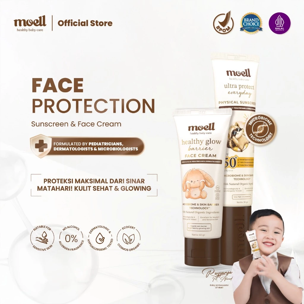 Moell Face Protection Sunscreen 30gr & Face Cream 40gr - Physical Sunscreen With SPF 50(+) PA(++++) - Face Cream With Face Cream With Plant Based Probiotics, Organic Avocado Oil, 10x Hyaluronic Acid - Perawatan Wajah Bayi & Anak
