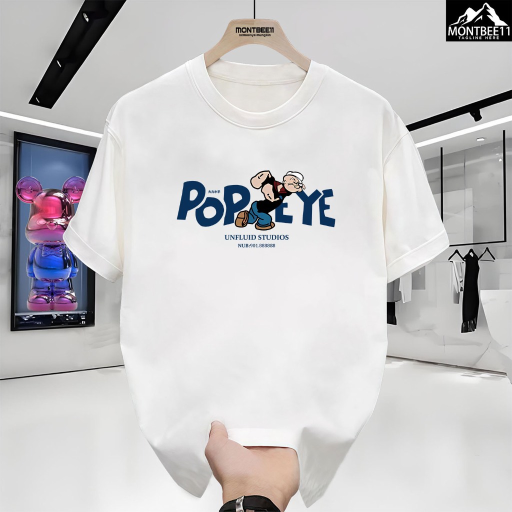 [COD]Montbee11-Kaos Lengan Pendek Katun Motif Popeye Longgar Pria Hitam Putih S-3XL