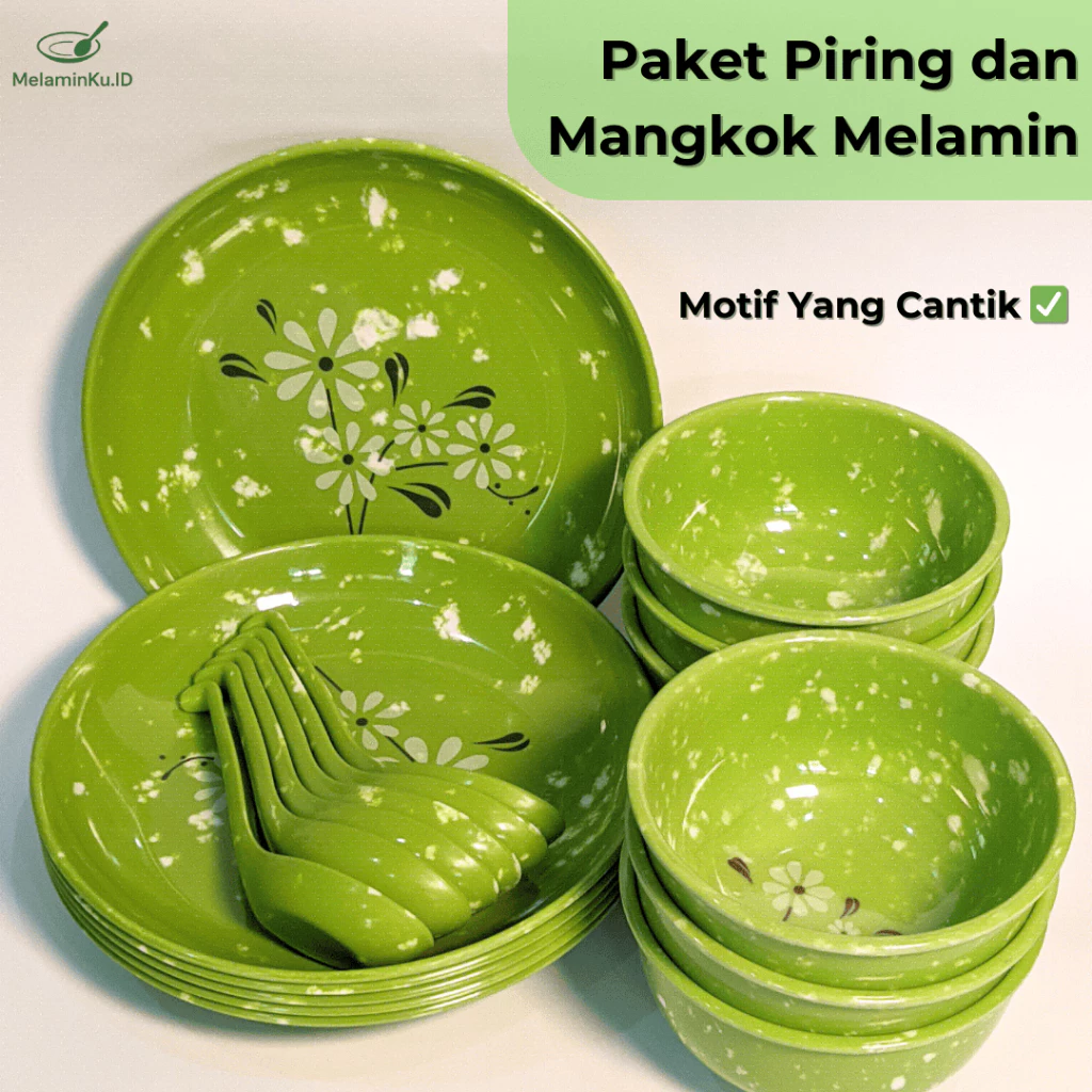 Piring dan Mangkok Melamin Motif Bunga Hijau Tebal Anti Pecah - 4/6/12 Pcs Set