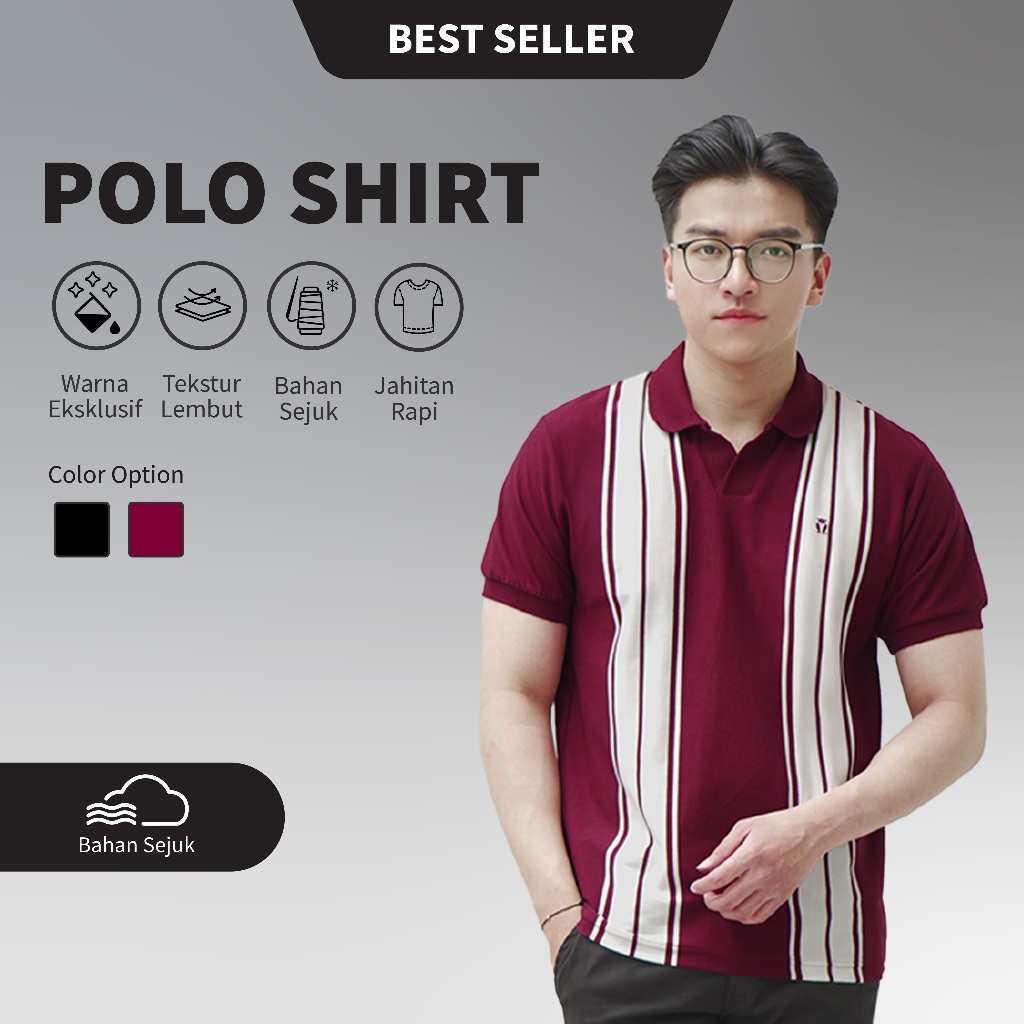 MATSUDA Sumida Warna Burgundy Baju Kaos Polo Shirt Dewasa Stripe Pria Kerah Katun