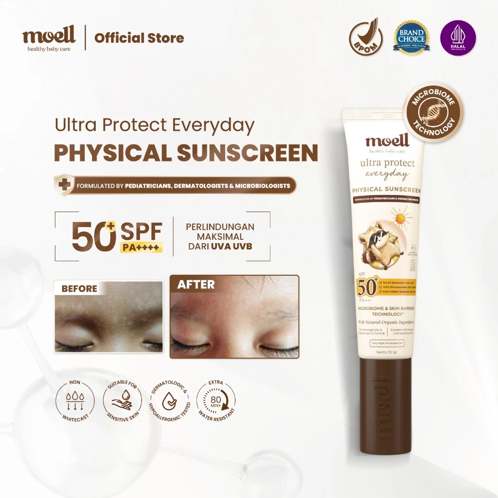 Moell Physical Sunscreen Anak 30gr - Sunscreen SPF (50+) PA(++++) Broad Spectrum, Water Resistant -