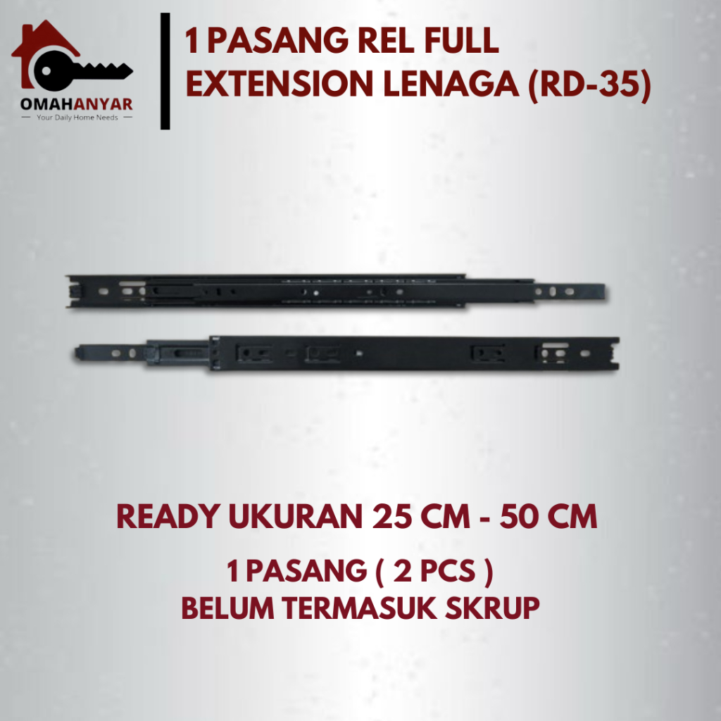 1 PASANG Rel Laci 2x Double Tarik Full Extension Huben Lenaga RD 35mm 25 30 35 40 45 50 cm