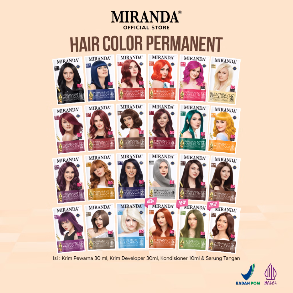 Miranda Permanent Hair Color 30ml / Cat Rambut Permanen Halal / Semir Pewarna Tahan Lama