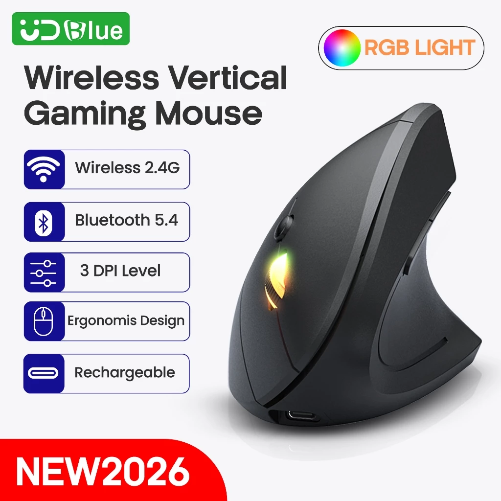 UDBLUE Ergonomic Mouse Wireless Vertical Mouse Bluetooth Klik Senyap Gaming Mouse Koneksi Nirkabel Stabil - BM08