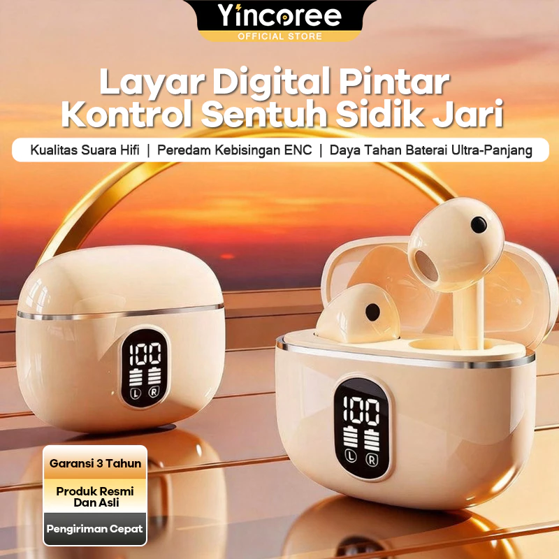 [Murah] Yincoree J08 TWS Earphone Bluetooth 6.0, Headset Wireless Noise Cancelling Aktif, Baterai 40 Jam, Cocok untuk Kantor & Travel