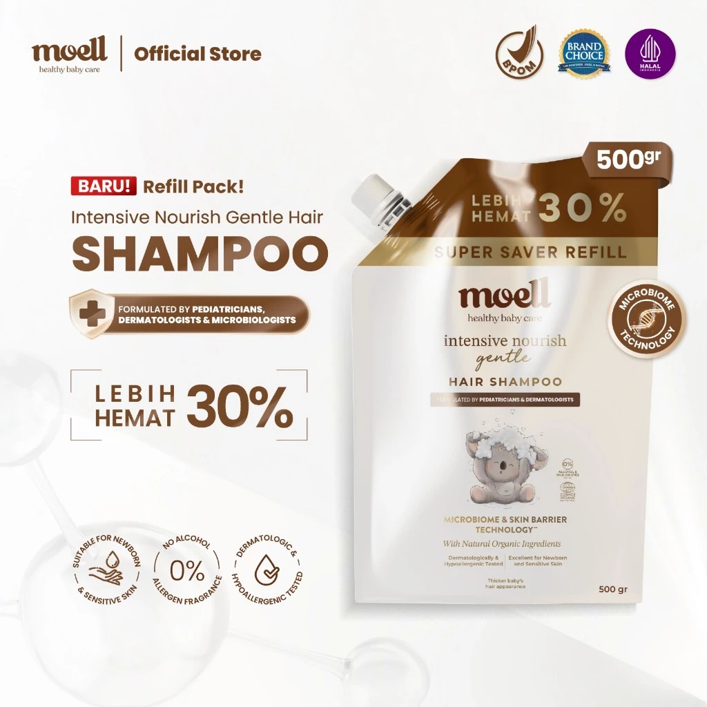 Moell Gentle Shampoo Kemasan Refill 500gr- Sampo Bayi Anak Dengan Calendula Oil - Kulit Kepala Sensitif & Iritasi - Tanpa SLS & Alkohol - Tidak Perih Di Mata - Menumbuhkan & Melebatkan Rambut - Skincare Bayi Newborn - Skincare Anak Formulasi Dokter