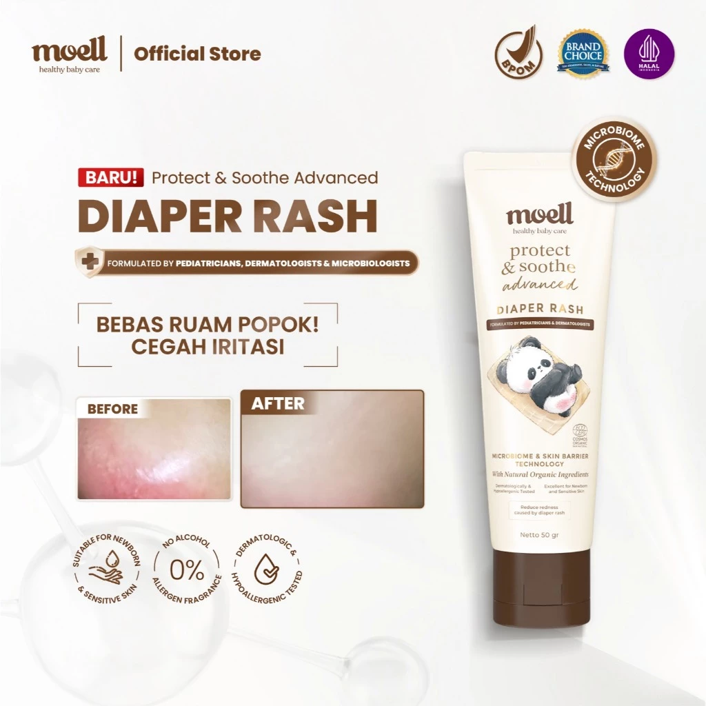 Moell Diaper Rash Advanced 50gr - Krim Popok Redakan dan Cegah Ruam Popok - Bebas Ruam Nyaman Seharian - Organic Calendula oil, Zinc Oxide, Postbiotic