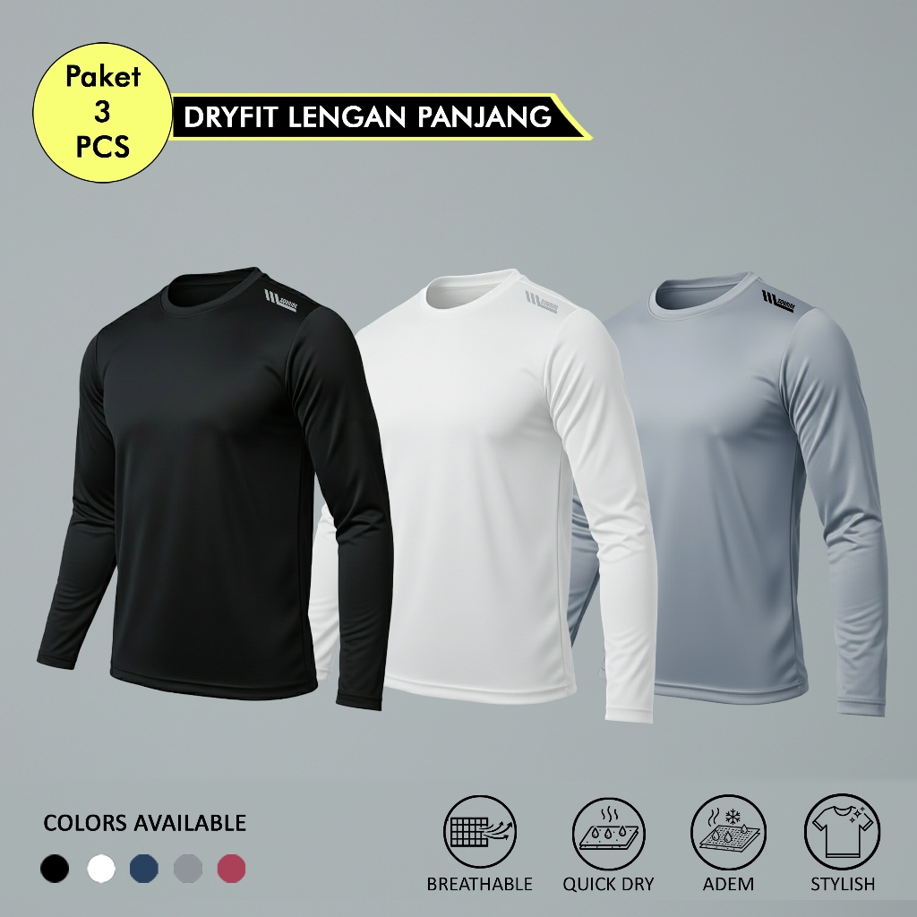 Zou9 - 3 Pcs Baju Olahraga Pria Lengan Panjang Kaos Atasan Gym Futsal Bahan Dry Fit