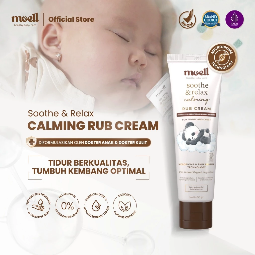 Moell Soothing & Calming Rub Cream 50gr - Red Ginger, Lavender Oil, Bisabolol - Meningkatkan Kualitas Tidur - Anti Kolik, Kembung - Tumbuh Kembang Optimal - Calming Baby Cream